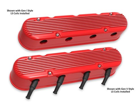 Holley Aluminum LS Valve Covers 241-184 Covers, LS, Center and Perimeter Bolt, Tall, Finned, Cast Aluminum, Red Gloss, Two-Piece, Chevy, LS, 4.8-7.0L, Pair
