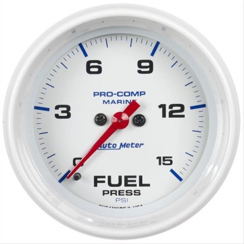 AutoMeter Pro-Comp Marine Analog Gauges 200848 Gauge, Marine, Fuel Pressure, 2 1/16 in., 0-15 psi, Full Sweep, White Face, Red Pointer, White Bezel, Electrical, Each