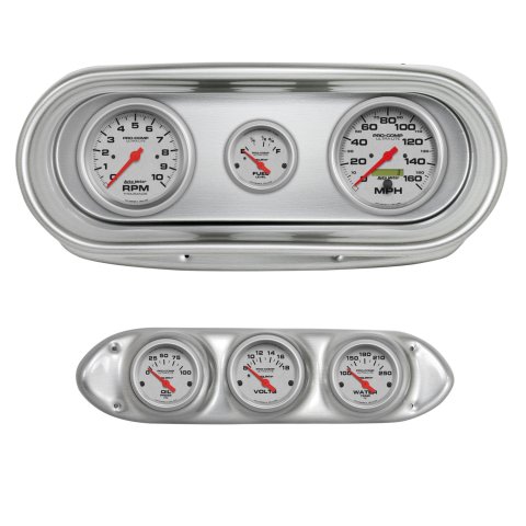 AutoMeter Ultra-Lite Instrument Clusters for 1962-1965 CHEVY II - 2127-13 Gauge Kit, Ultra-Lite, Analog, Silver Face, Speedo, Silver Face, Tach, Oil, Water, Volts, Fuel, Black Numbers, Red Pointers, Brushed Panel, Chevy, Kit