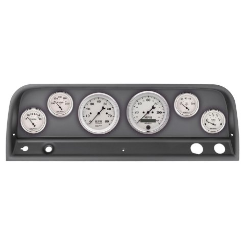 AutoMeter Old Tyme White Series Instrument Clusters 2128-08 Gauge Kit, White, Analog, Speedo, Tach, Oil, Water, Volts, Fuel, Black Numbers and Pointers, Black Panel, Chevy, Kit