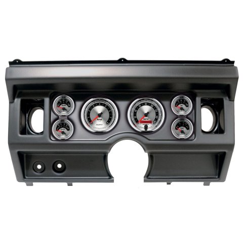AutoMeter American Muscle Instrument Clusters 2919-01 Gauge Kit, Muscle, Analog, Silver Face, Speedo, Tach, Oil, Water, Volt, Fuel, White Numbers, Red Pointers, Black Panel, Ford, With A/C, Kit