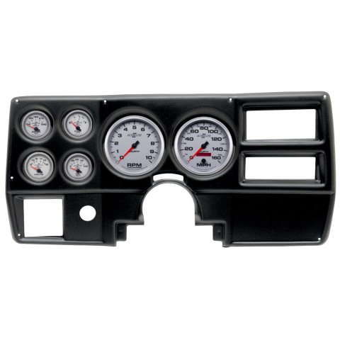 AutoMeter Ultra-Lite II Instrument Clusters 2923-14 Gauge Kit, II, Analog, Silver Face, Speedo, Tach, Oil, Water, Volt, Fuel, Black Numbers, Red Pointers, Black Panel, Chevy, With A/C, Kit