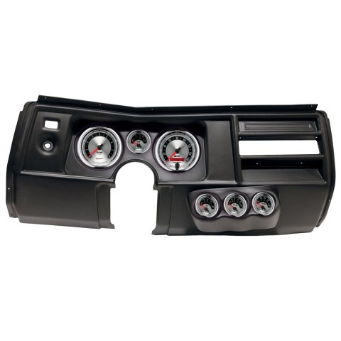 AutoMeter American Muscle Instrument Clusters for 1969 CHEVELLE, EL CAMINO - 2910-01 Gauge Kit, Muscle, Analog, Silver Face, Speedo, Tach, Oil, Water, Volt, Fuel, White Numbers, Red Pointers, Black Panel, Chevy, No Vent, Kit