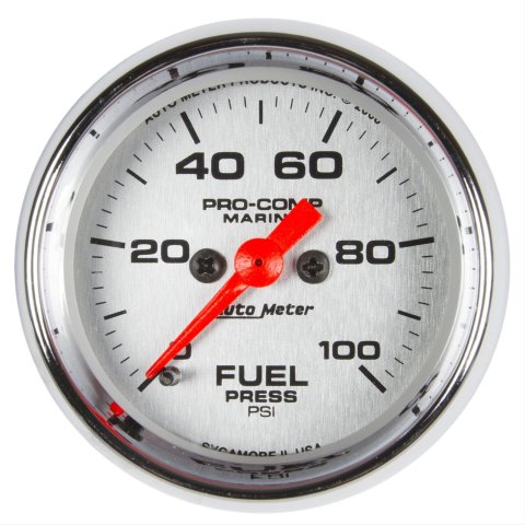 AutoMeter Pro-Comp Marine Analog Gauges 200850-35 Gauge, Marine, Fuel Pressure, 2 1/16 in., 0-100 psi, Full Sweep, Silver Face, Red Pointer, Chrome Bezel, Electrical, Each