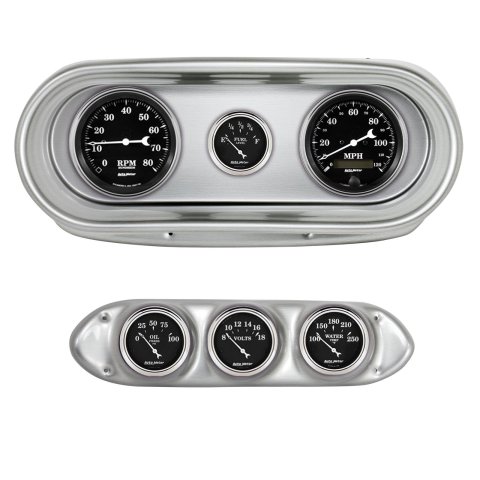AutoMeter Old Tyme Black Series Instrument Clusters for 1962-1965 CHEVY II - 2127-07 Gauge Kit, Black, Analog, Speedo, Tach, Oil, Water, Volts, Fuel, White Numbers and Pointers, Brushed Panel, Chevy, Kit