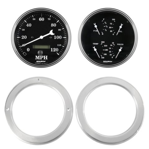 AutoMeter Old Tyme Black Series Instrument Clusters 7037-07 Gauge Kit, Black, Analog, Speedometer, Oil, Water, Volt, Fuel, White Numbers and Pointers, Aluminum Panel, Chevy, Kit