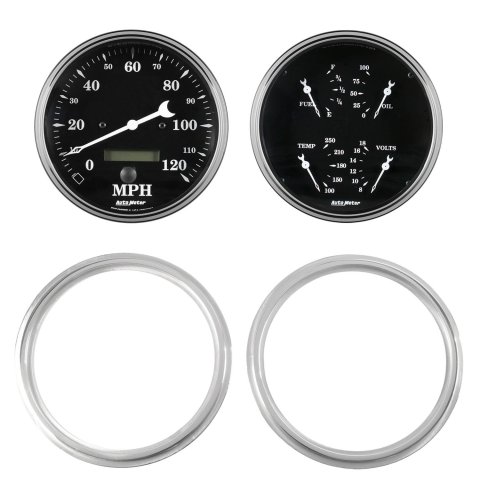 AutoMeter Old Tyme Black Series Instrument Clusters 7039-07 Gauge Kit, Black, Analog, Speedometer, Oil, Water, Volt, Fuel, White Numbers and Pointers, Aluminum Panel, Chevy, Kit