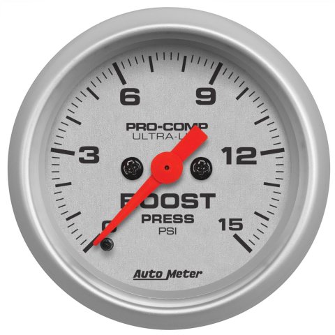 AutoMeter Ultra-Lite Analog Gauges 4350 Gauges, Gauges, Boost Pressure, 0-15 psi, 2 1/16 in., Silver Face, Black Numbers, Silver Bezel, Illuminated, Electrical, Each