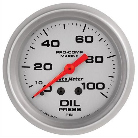 AutoMeter Pro-Comp Marine Analog Gauges 200777-33 Gauges, Marine, Analog, Oil Pressure, 0-100 psi, 2 5/8 in., Full Sweep, Silver Face and Bezel, Black Numbers, Red Pointer, Mechanical, Each thumbnail 1