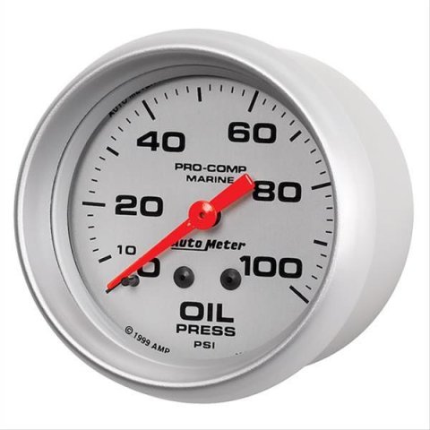 AutoMeter Pro-Comp Marine Analog Gauges 200777-33 Gauges, Marine, Analog, Oil Pressure, 0-100 psi, 2 5/8 in., Full Sweep, Silver Face and Bezel, Black Numbers, Red Pointer, Mechanical, Each thumbnail 3