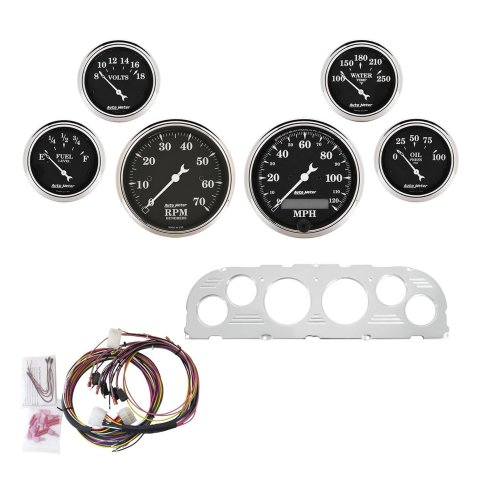 AutoMeter Old Tyme Black Series Instrument Clusters 7047-OTB Cluster, Series, Analog, Speedometer, Tach, Oil Pressure, Water Temperature, Fuel Level, Polished Panel, Chevy, Kit thumbnail 1