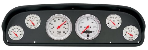 AutoMeter Arctic White Instrument Clusters for 1957-1960 F-100, F-250, F-350 - 2101-03 Gauge Kit, Series, Analog, Speedometer, Tach, Oil, Water, Volts, Fuel, Black Numbers, Red Pointers, Black Panel, Ford, F100, Kit