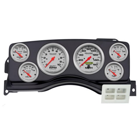 AutoMeter Ultra-Lite Instrument Clusters for 1987-1989 MUSTANG - 2924-13 Gauge Kit, Ultra-Lite, Analog, Silver Face, Speedometer, Tach, Oil, Water, Volt, Fuel, Black Numbers, Red Pointers, Black Panel, Ford, Kit
