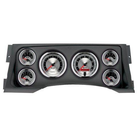 AutoMeter American Muscle Instrument Clusters 2928-01 Gauge Kit, Muscle, Analog, Silver Face, Speedometer, Tach, Oil, Water, Volt, Fuel, White Numbers, Red Pointers, Black Panel, Chevy, GMC, Kit