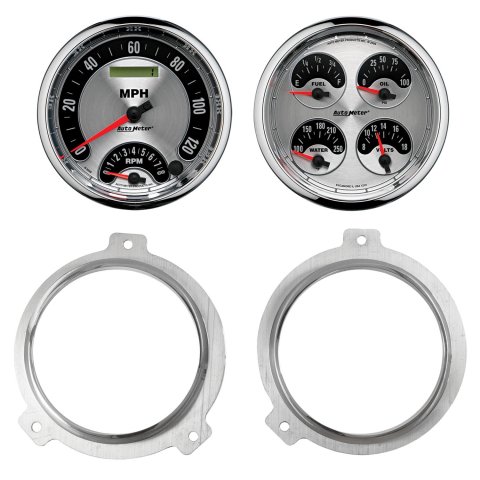 AutoMeter American Muscle Instrument Clusters 7038-01 Gauge Kit, Muscle, Analog, Silver Face, Speedometer, Oil, Water, Volt, Fuel, White Numbers, Red Pointers, Aluminum Panel, Chevy, Kit