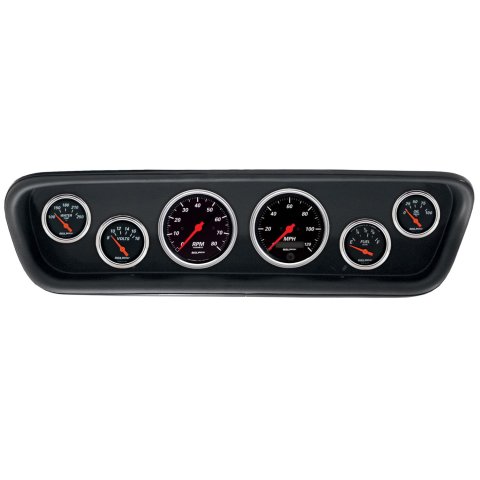 AutoMeter Designer Black Instrument Clusters for 1964-1965 MUSTANG - 2107-06 Gauge Kit, Black, Analog, Speedometer, Tach, Oil, Water, Volts, Fuel, White Numbers, Red Pointers, Panel, Ford, Kit