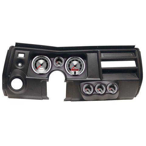 AutoMeter American Muscle Instrument Clusters for 1969 CHEVELLE, EL CAMINO - 2911-01 Gauge Kit, Muscle, Analog, Silver Face, Speedo, Tach, Oil, Water, Volt, Fuel, White Numbers, Red Pointers, Black Panel, Chevy, Vent, Kit