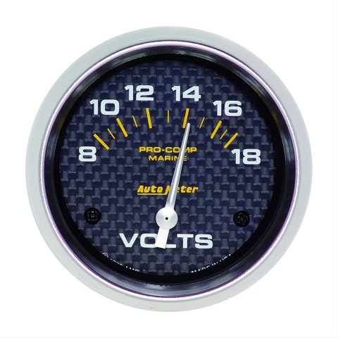 AutoMeter Pro-Comp Marine Carbon Fiber Analog Gauges 200757-40 Gauge, Marine, Voltmeter, 2 5/8 in., 8-18 Volts, Short Sweep, Face, Red Pointer, Chrome Bezel, Electrical, Each