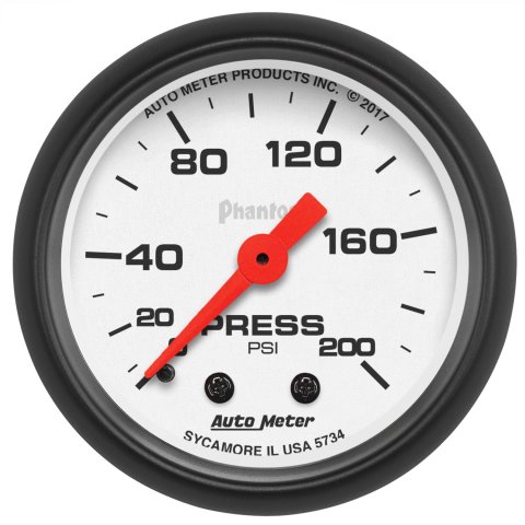 AutoMeter Phantom Analog Gauges 5734 Gauge, Phantom, Air Pressure, 2 1/16 in., 0-200 psi, Full Sweep, White Face, Red Pointer, Black Bezel, Mechanical, Each
