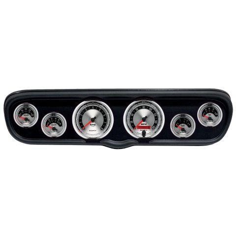 AutoMeter American Muscle Instrument Clusters for 1966 MUSTANG - 2110-01 Gauge Kit, Muscle, Analog, Silver Face, Speedo, Tach, Oil, Water, Volts, Fuel, White Numbers, Red Pointers, Black Panel, Ford, Kit