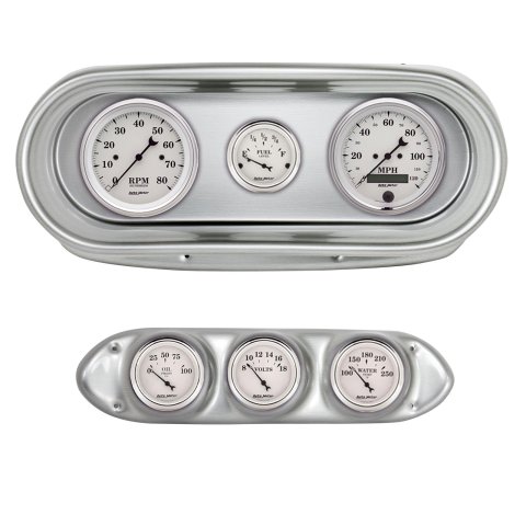 AutoMeter Old Tyme White Series Instrument Clusters for 1962-1965 CHEVY II - 2127-08 Gauge Kit, White, Analog, Speedo, Tach, Oil, Water, Volts, Fuel, Black Numbers and Pointers, Brushed Panel, Chevy, Kit