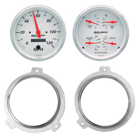 AutoMeter Arctic White Instrument Clusters 7038-03 Gauge Kit, White, Analog, Speedometer, Oil, Water, Volt, Fuel, Black Numbers, Red Pointers, Aluminum Panel, Chevy, Kit