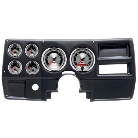 AutoMeter American Muscle Instrument Clusters 2922-01 Gauge Kit, Muscle, Analog, Silver Face, Speedo, Tach, Oil, Water, Volt, Fuel, White Numbers, Red Pointers, Black Panel, Chevy, No Vent, Kit