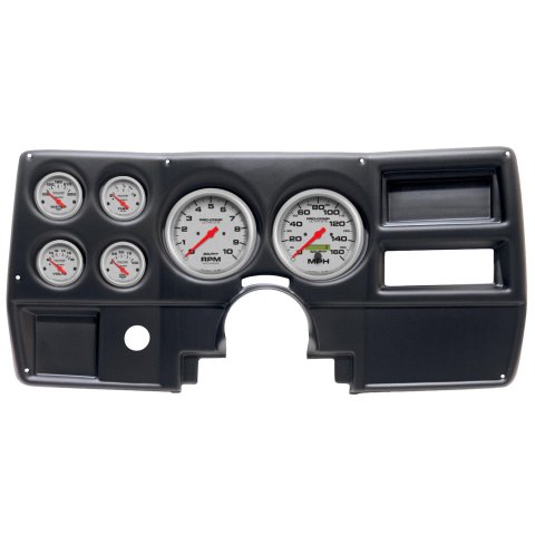 AutoMeter Ultra-Lite Instrument Clusters 2922-13 Gauge Kit, Ultra-Lite, Analog, Silver Face, Speedo, Tach, Oil, Water, Volt, Fuel, Black Numbers, Red Pointers, Black Panel, Chevy, No Vent, Kit