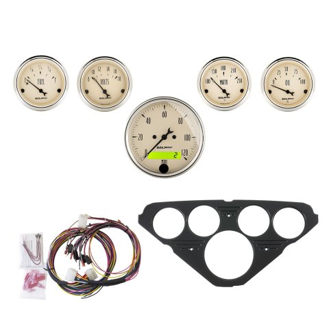 AutoMeter Antique Beige Instrument Clusters 7049-AB Cluster, Beige, Analog, Speedometer, Oil Pressure, Water Temperature, Fuel Level, Voltmeter, Black Gauge Panel, Chevy, Kit