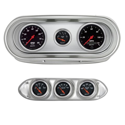AutoMeter Designer Black Instrument Clusters for 1962-1965 CHEVY II - 2127-06 Gauge Kit, Black, Analog, Speedo, Tach, Oil, Water, Volts, Fuel, White Numbers, Red Pointers, Brushed Panel, Chevy, Kit