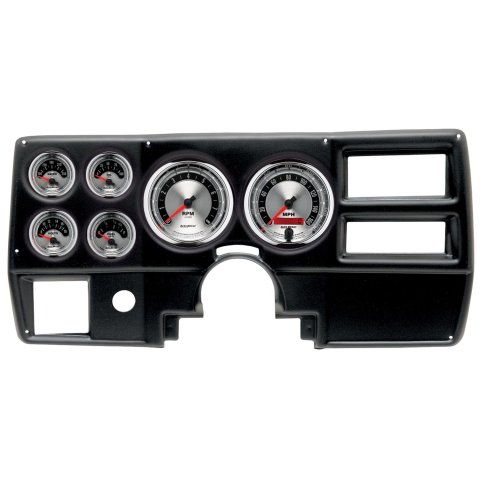AutoMeter American Muscle Instrument Clusters 2923-01 Gauge Kit, Muscle, Analog, Silver Face, Speedo, Tach, Oil, Water, Volt, Fuel, White Numbers, Red Pointers, Black Panel, Chevy, With A/C, Kit