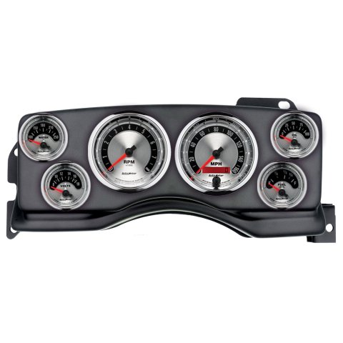 AutoMeter American Muscle Instrument Clusters for 1990-1993 MUSTANG - 2927-01 Gauge Kit, Muscle, Analog, Silver Face, Speedometer, Tach, Oil, Water, Volt, Fuel, White Numbers, Red Pointers, Black Panel, Ford, Kit