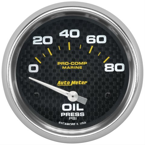 AutoMeter Pro-Comp Marine Carbon Fiber Analog Gauges 200747-40 Gauge, Marine, Oil Pressure, 2 5/8 in., 0-80 psi, Short Sweep, Face, Silver Pointer, Silver Bezel, Electrical, Each