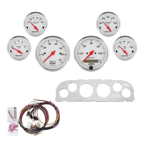 AutoMeter Arctic White Instrument Clusters 7047-AW Cluster, White, Analog, Speedometer, Tach, Oil Pressure, Water Temperature, Fuel Level, Voltmeter, Polished Panel, Chevy, Kit
