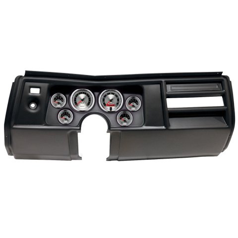 AutoMeter American Muscle Instrument Clusters for 1969 CHEVELLE, EL CAMINO - 2908-01 Gauge Kit, Muscle, Analog, Silver Face, Speedo, Tach, Oil, Water, Volt, Fuel, White Numbers, Red Pointers, Black Panel, Chevy, No Vent, Kit