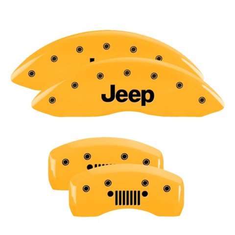 MGP Caliper Covers - Brake for 2020-2023 GLADIATOR 42021SJPLYL Set of 4 caliper covers, Engraved Front: JEEP Engraved Rear: JEEP Grill logo, Yellow powder coat finish, black characters
