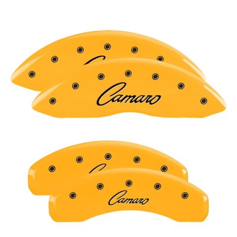 MGP Yellow Caliper Covers for 2016-2024 CAMARO - 14240SCCSYL Set of 4 caliper covers, Engraved Front and Rear: Camaro (Cursive), powder coat finish, black characters