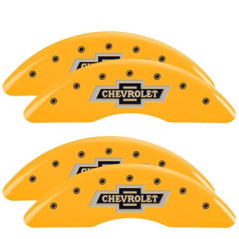 MGP Yellow Caliper Covers for 2020-2024 SILVERADO 2500 HD, 3500 HD - 14258SBANYL Set of 4 caliper covers, Engraved Front and Rear: 100 Anniversary logo, powder coat finish, black characters