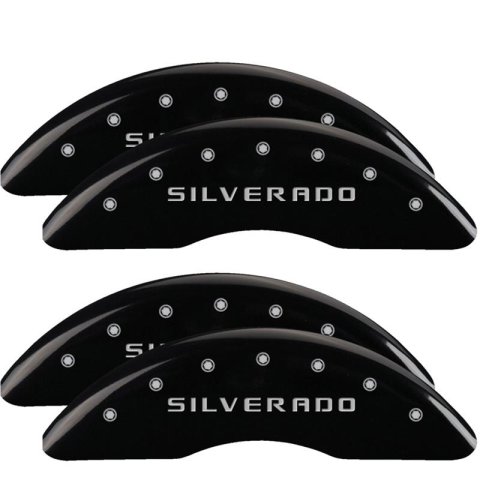 MGP Black Caliper Covers for 2020-2024 SILVERADO 2500 HD, 3500 HD - 14258SSILBK Set of 4 caliper covers, Engraved Front and Rear: Silverado, powder coat finish, silver characters