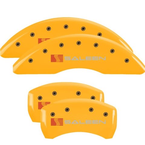 MGP Caliper Covers - Brake for 2021-2023 MUSTANG 10200SSLNYL Set of 4 caliper covers, Engraved Front: Saleen Engraved Rear: Saleen, Yellow powder coat finish, black characters