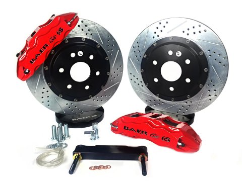Baer Brakes Claw Extreme+ Disc Brake Systems 4301525R Brakes, Extreme+, Front, Cross-drilled/Slotted Surface Rotors, 6-piston Red Calipers, Cadillac, Chevy, GMC, Kit thumbnail 1