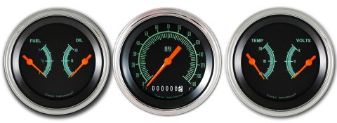 Classic Instruments G-Stock Series Gauge Sets GS04SLF Gauges, G-Stock, Black Face, Green Numbers, Polished Bezel, Analog, Electronic, Set of 3