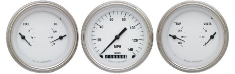 Classic Instruments White Hot Series Gauge Sets WH04SLC Gauges, Series, Speedometer, Water Temperature, Fuel Level, 3 3/8 in., Face, Analog, Set of 3