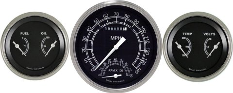 Classic Instruments Traditional Series Gauge Sets TR61SLF Gauges, Traditional, Speedometer, Tach, Water Temperature, Fuel Level, Voltmeter, Black Face, Analog, Set of 3