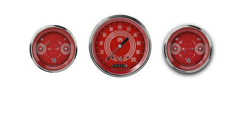 Classic Instruments V8 Red Steelie Series Gauge Sets V8RS64SLC Gauges, Series, Speedometer, Water Temperature, Fuel Level, Face, Analog, Set of 3