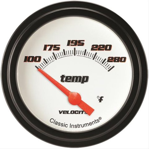 Classic Instruments Velocity Series Gauges VS226WBLF-12 Gauge, White Series, Water Temperature, 100-280 Degrees F, 2 5/8 in., Low Step Bezel, Analog, Electrical, Each