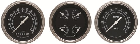 Classic Instruments Traditional Series Gauge Sets TR03SLC Gauges, Traditional, Speedometer, Tach, Water Temperature, Fuel Level, 3 3/8 in., Black Face, Analog, Set of 3