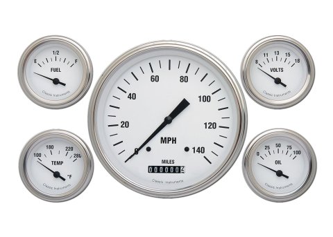 Classic Instruments White Hot Series Gauge Sets WH54SLC Gauges, Hot, Speedometer, Water Temperature, Oil Pressure, Fuel Level, Face, Analog, Set of 5