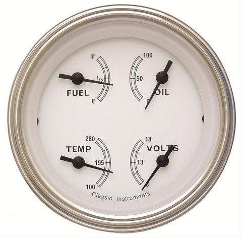 Classic Instruments White Series Gauge Sets CW77SLC Gauge, White, Quad, Water Temp., Oil Pressure, Fuel Level, Voltmeter, 3 3/8 in., Face, Analog
