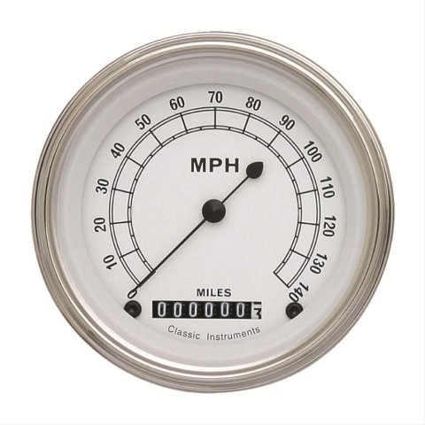 Classic Instruments White Series Speedometers CW55SLC Speedometer, White, 3 3/8 in. Diameter, 0-140 mph, Analog, Electrical, Curved Face, Each